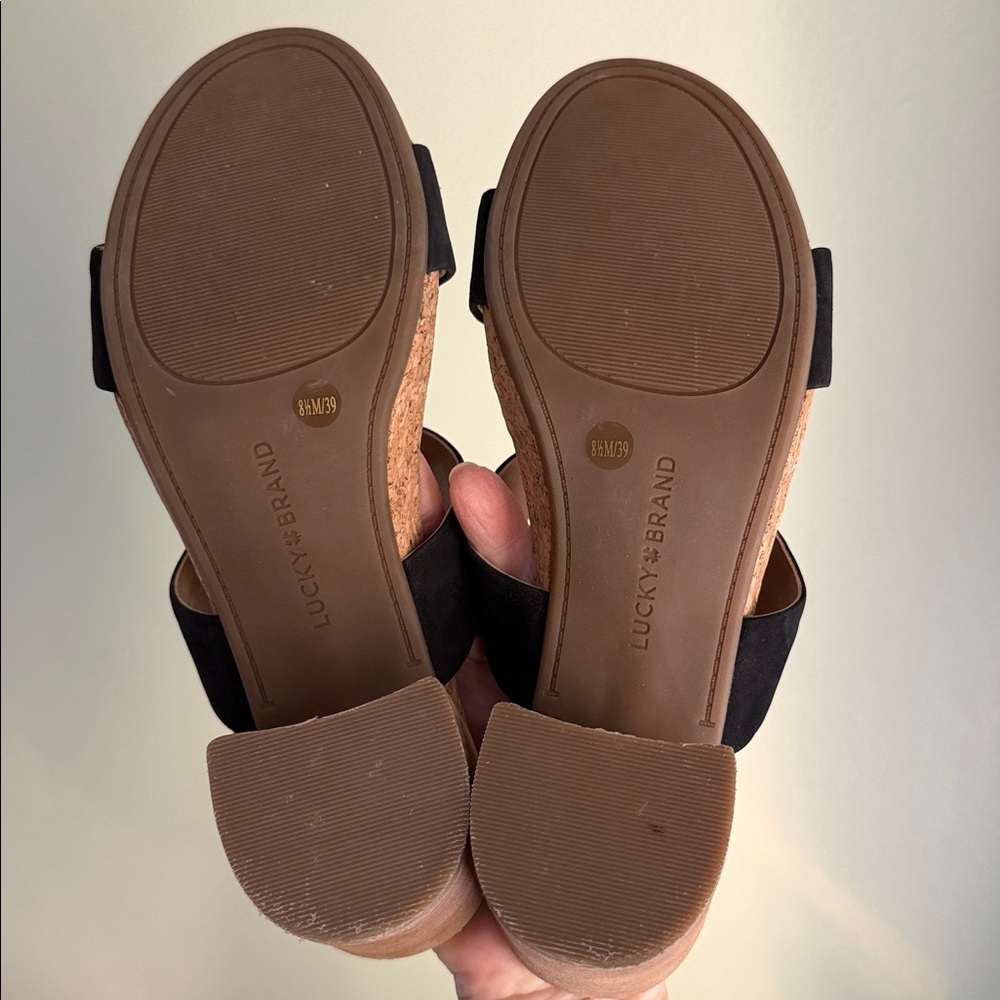Lucky Brand Jobina Heel Sandal leather upper cork midsole stacked block heel EUC - Picture 3 of 16